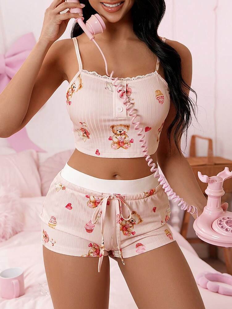 Women's Pajama Set With Cute Bear And Cake Print Casual Fall Sleepwear Comfortable Homewear Outfit For Ladies Daily Loungewear Style