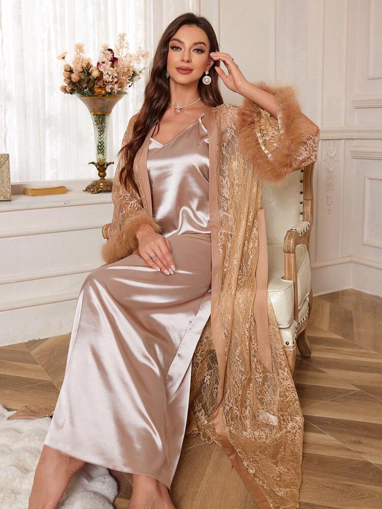 Women's 3pcs Satin Sleepwear Set With Lace Contrast Robe Nightgown And Shorts Romantic Loungewear Outfit Vacation Elegant Pajama Wear