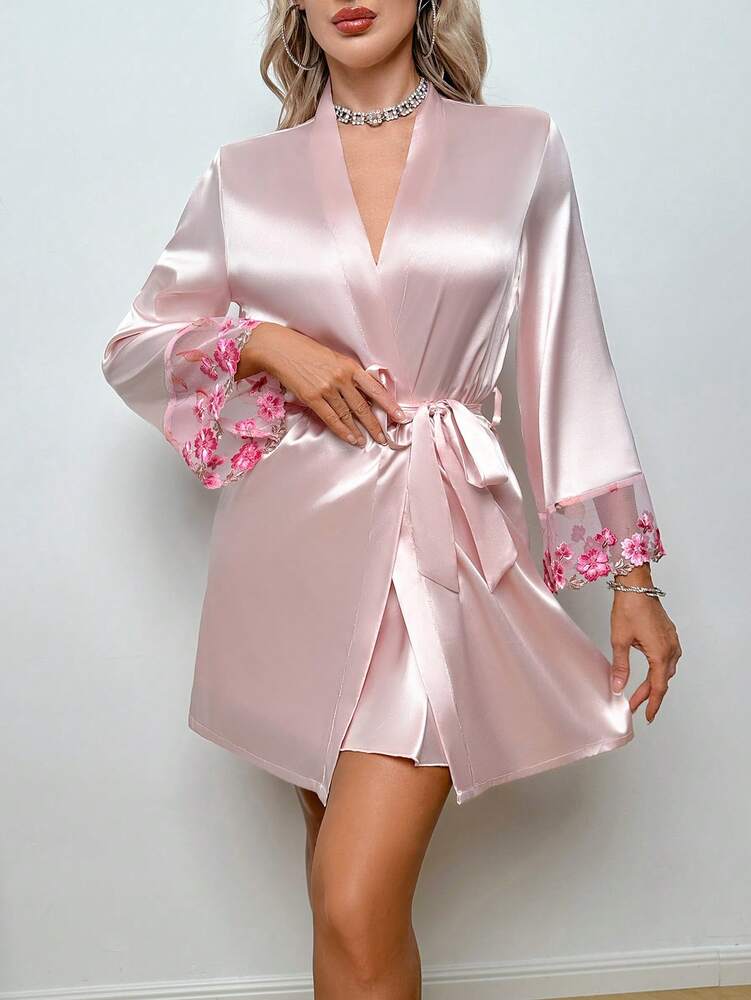 Women's Satin Slip Dress And Pink Robe Sleepwear Set Sexy Floral Embroidered Trim Pajamas Elegant Nightwear Outfit Fall Winter Fashion