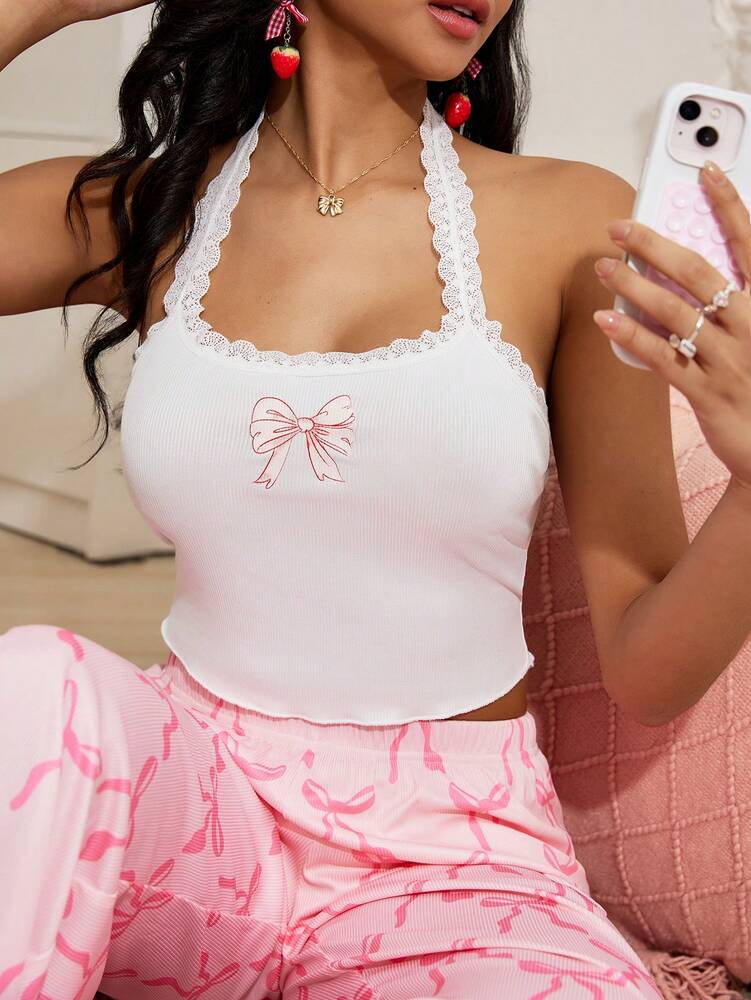 Women's Butterfly Print Lace Splice Halter Sleepwear Top Sexy Camisole Nightwear Cute Elegant Pajama Tank Top Fashion Lingerie Style