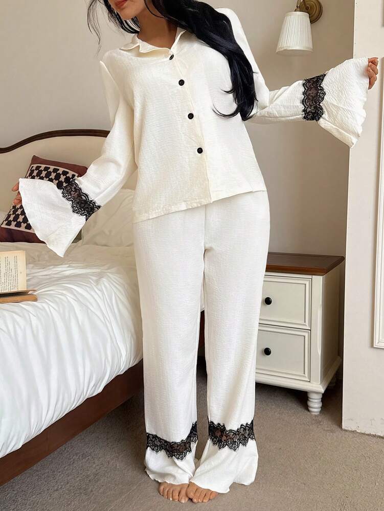 Women's Pajama Set With Contrast Lace Bell Sleeve Top And Pants Elegant Loungewear Outfit Comfortable Nightwear Fashion For Women
