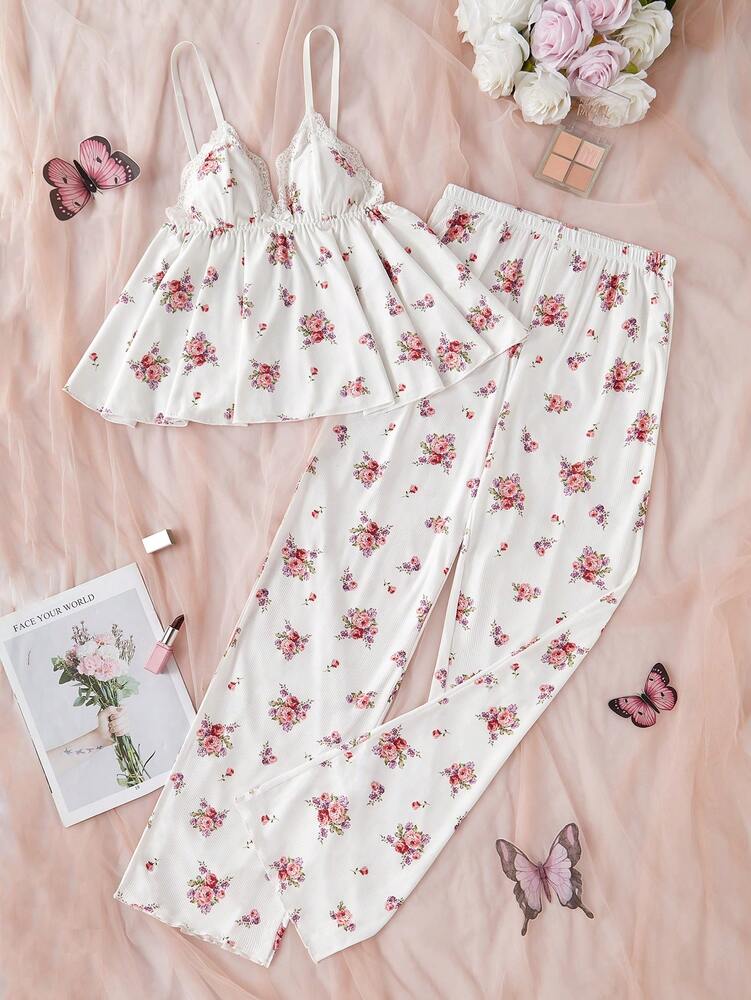 Women's V Neck Floral Lace Patchwork Pajama Set With Camisole And Pants Elegant Loungewear Sleepwear Outfit Casual Vacation Nightwear