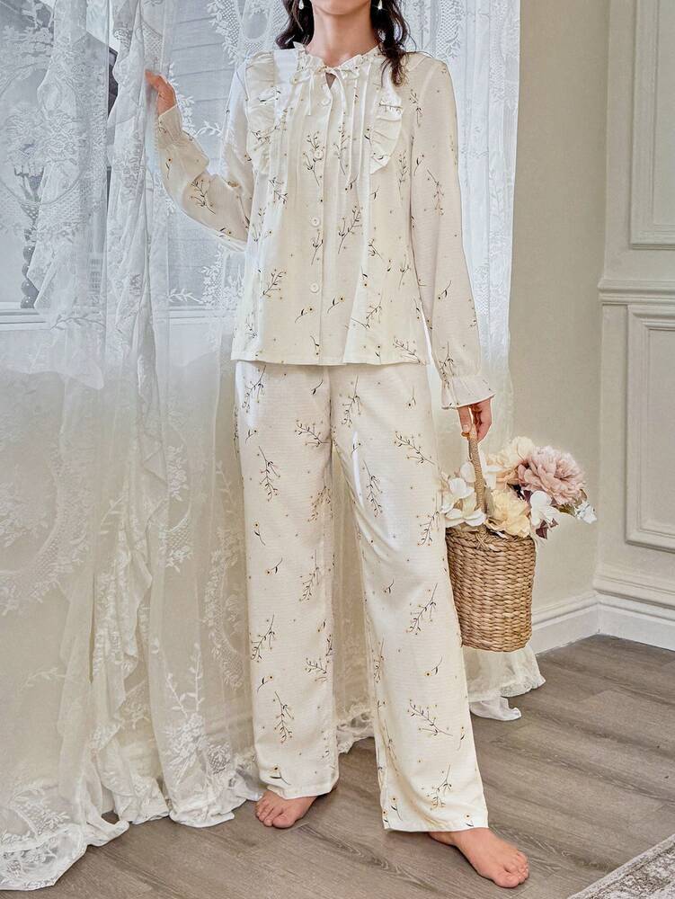 Women's Bubble Textured Print Pajama Set Tie Neck Top And Pants Elegant Holiday Sleepwear Outfit Casual Fall Loungewear For Women