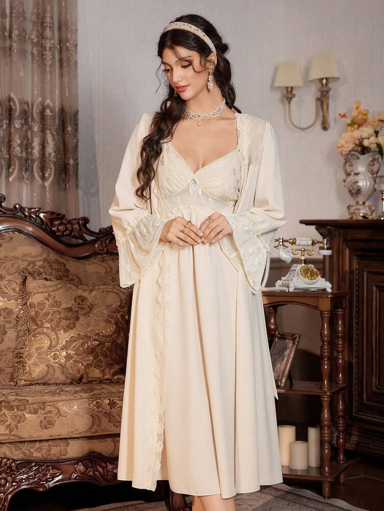 2pcs Women's Lace Patchwork Robe And Ruffle Strap Nightgown Pajama Set Romantic Sleepwear Outfit Palace Style Elegant Fall Nightwear