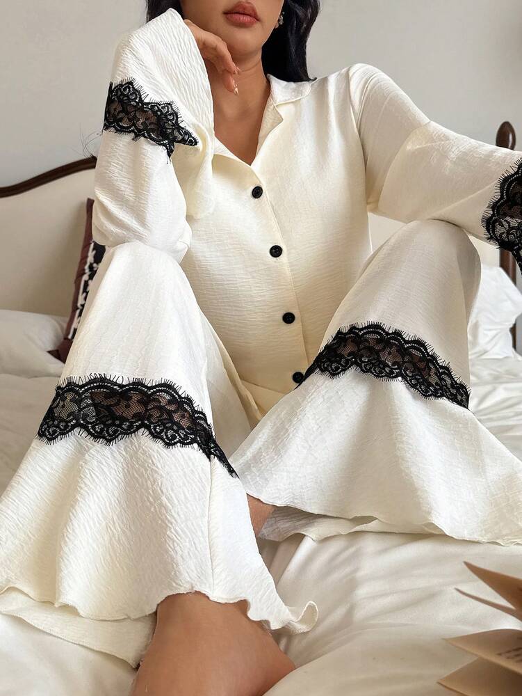 Women's Pajama Set With Contrast Lace Bell Sleeve Top And Pants Elegant Loungewear Outfit Comfortable Nightwear Fashion For Women