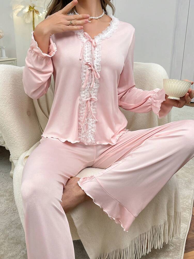 Women's Elegant Pajama Lounge Set With French Lace Trim Contrast Color Sleepwear Casual Chic Outfit Comfortable Nightwear For Women