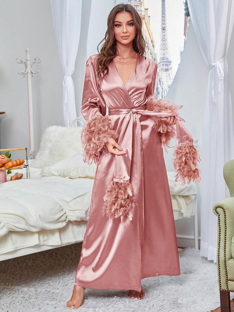 Women's Contrast Fuzzy Panel Satin Robe With Belt Luxurious Pajama Loungewear Outfit Elegant Fall Vacation Sleepwear Nightwear Clothing