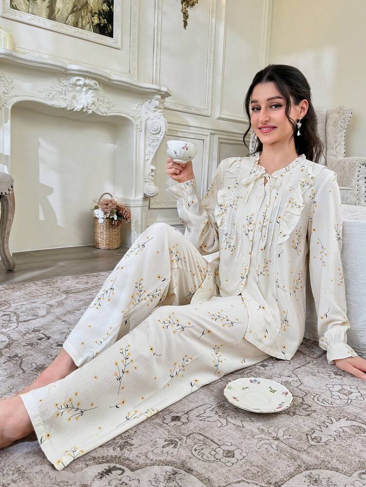 Women's Bubble Textured Print Pajama Set Tie Neck Top And Pants Elegant Holiday Sleepwear Outfit Casual Fall Loungewear For Women
