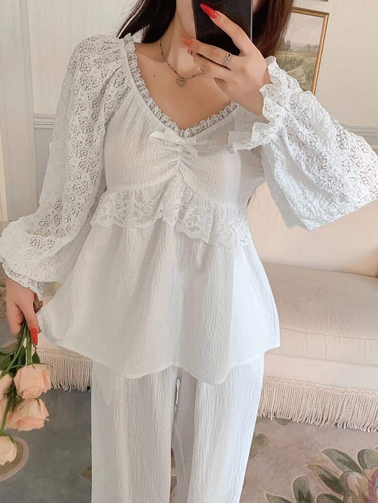 Women's Lace Patchwork Pajama Set With Ruffle Hem Lantern Sleeve Top And Pants Romantic Sleepwear Outfit Elegant Fall Clothes For Ladies