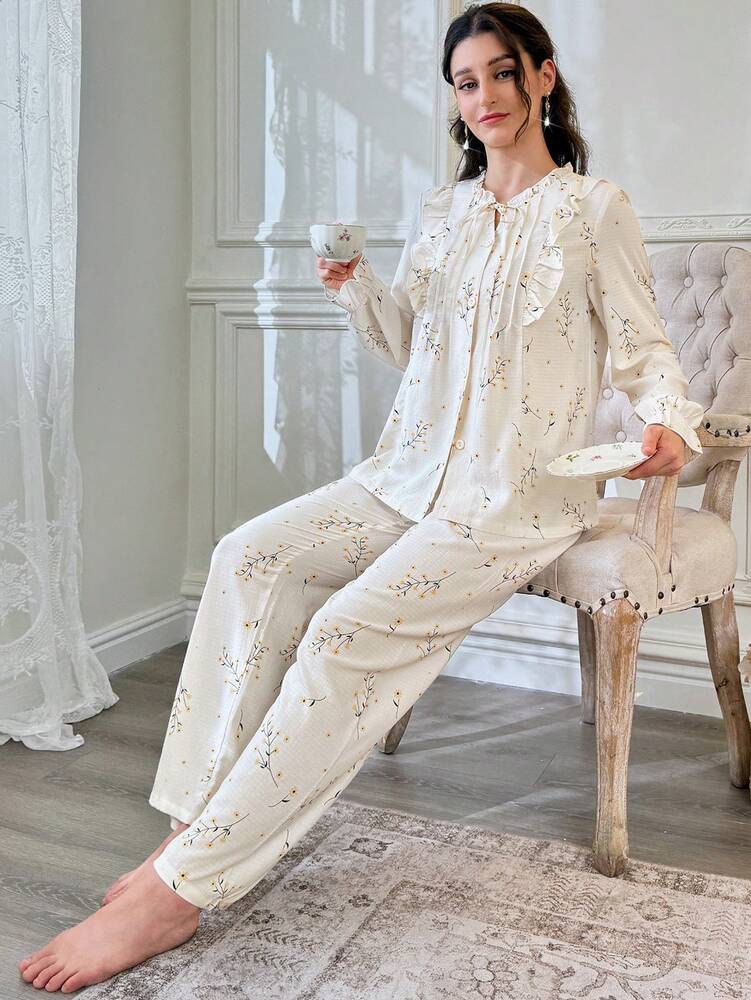 Women's Bubble Textured Print Pajama Set Tie Neck Top And Pants Elegant Holiday Sleepwear Outfit Casual Fall Loungewear For Women