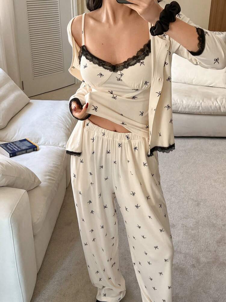 3pcs Women's Pajama Set With Bow Print Lace Patchwork Camisole Coat And Pants Romantic Sleepwear Outfit Spring Fall Comfortable Style