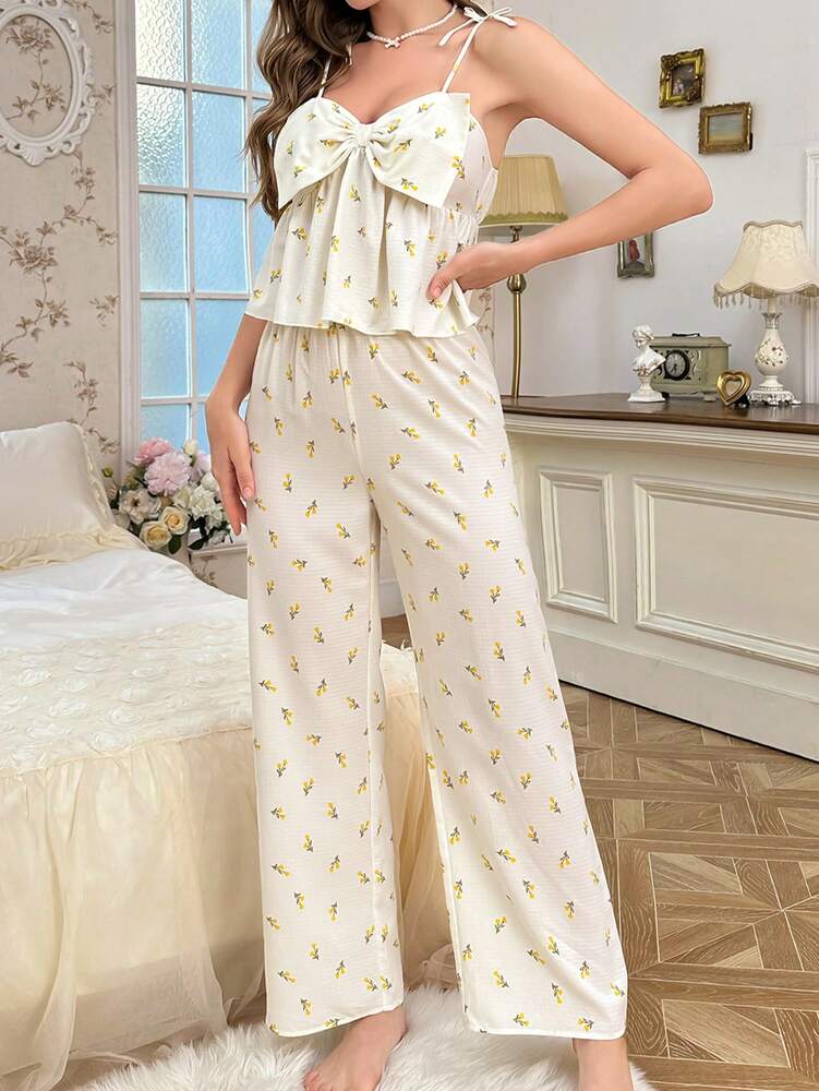 Women's Bowknot Camisole And Pants Pajama Set Romantic Sleepwear Vacation Style Cute Bow Accent Comfortable Nightwear Loungewear Outfit