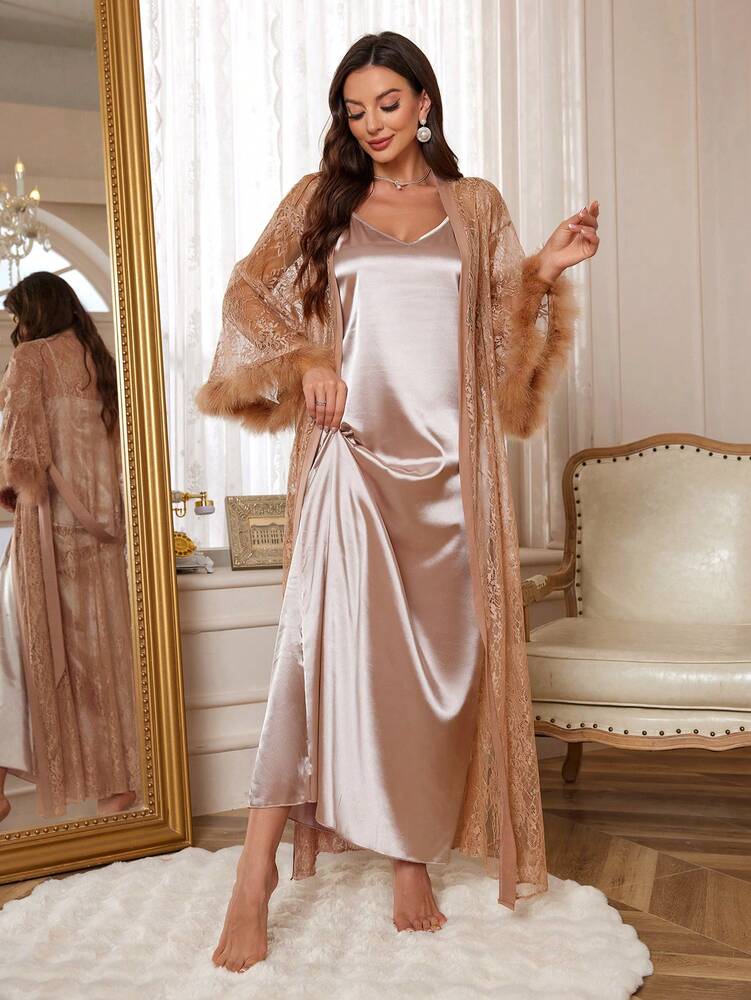 Women's 3pcs Satin Sleepwear Set With Lace Contrast Robe Nightgown And Shorts Romantic Loungewear Outfit Vacation Elegant Pajama Wear