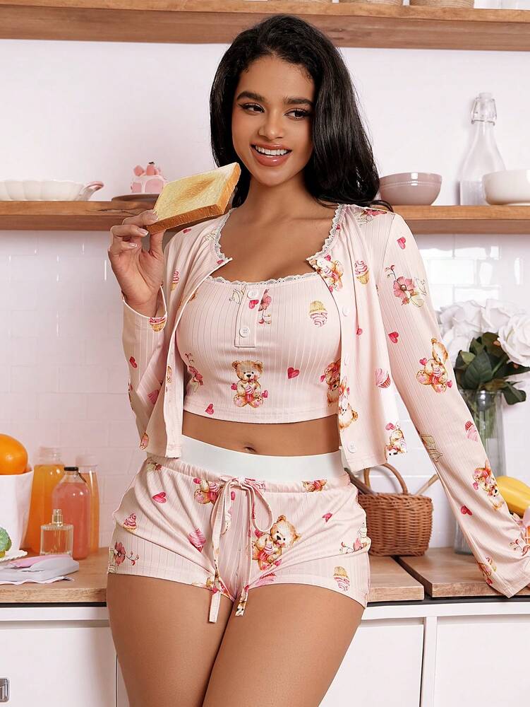 Women's Pajama Set With Cute Bear And Cake Print Casual Fall Sleepwear Comfortable Homewear Outfit For Ladies Daily Loungewear Style