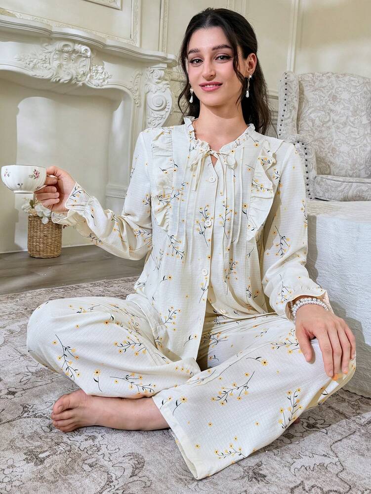 Women's Bubble Textured Print Pajama Set Tie Neck Top And Pants Elegant Holiday Sleepwear Outfit Casual Fall Loungewear For Women