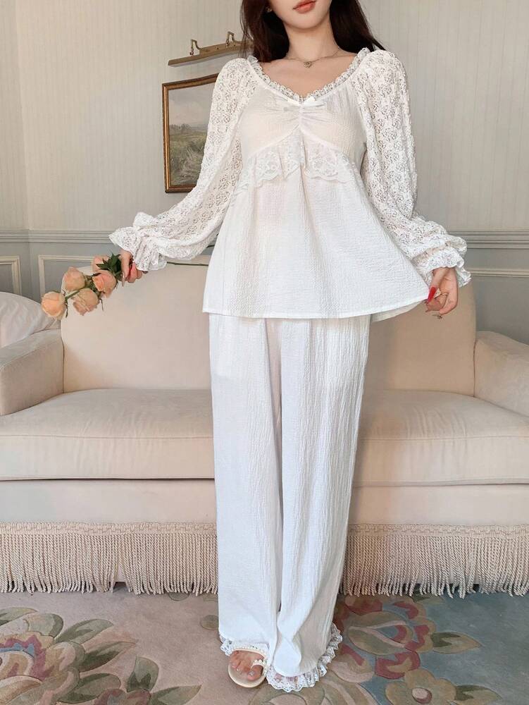 Women's Lace Patchwork Pajama Set With Ruffle Hem Lantern Sleeve Top And Pants Romantic Sleepwear Outfit Elegant Fall Clothes For Ladies