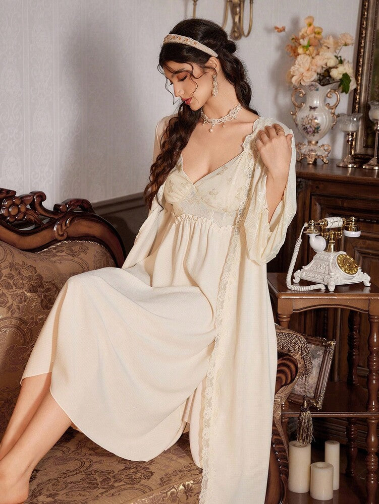 2pcs Women's Lace Patchwork Robe And Ruffle Strap Nightgown Pajama Set Romantic Sleepwear Outfit Palace Style Elegant Fall Nightwear