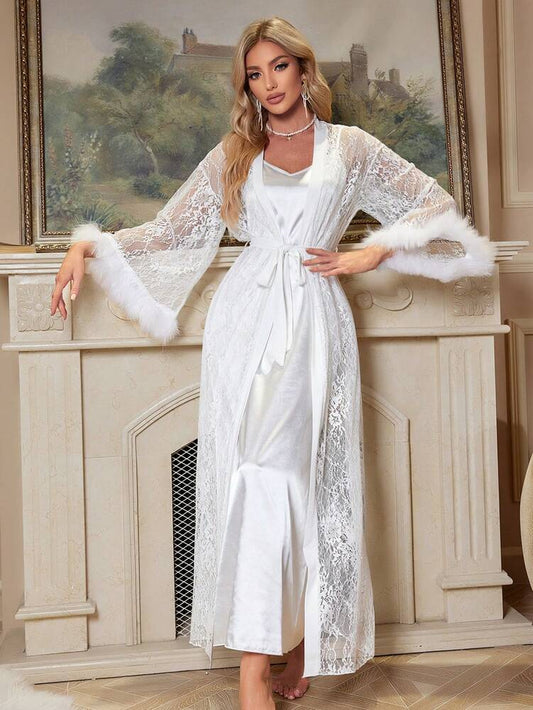 Women's 3pcs Satin Sleepwear Set With Lace Contrast Robe Nightgown And Shorts Romantic Loungewear Outfit Vacation Elegant Pajama Wear