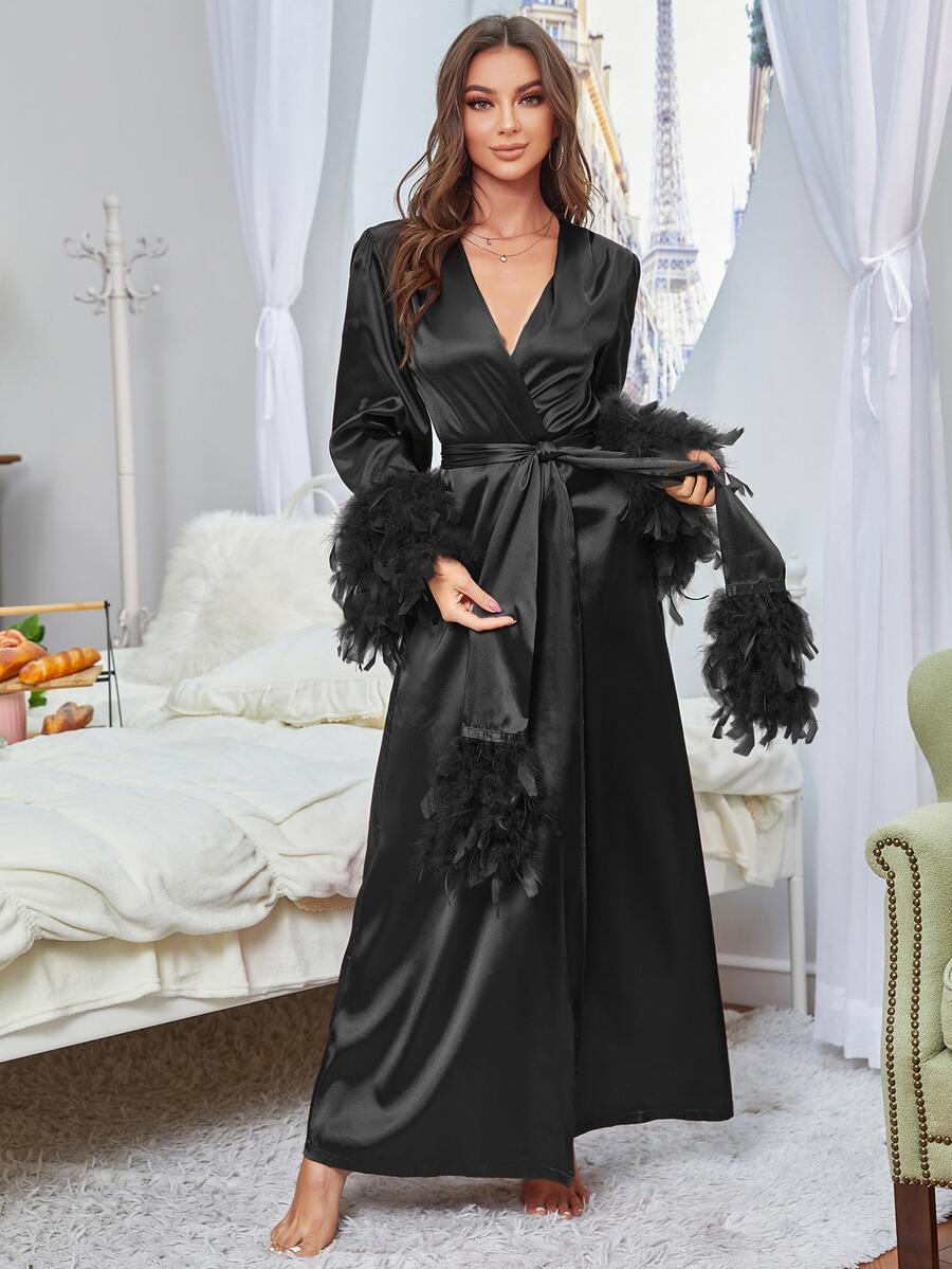 Women's Contrast Fuzzy Panel Satin Robe With Belt Luxurious Pajama Loungewear Outfit Elegant Fall Vacation Sleepwear Nightwear Clothing